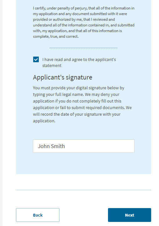 Provide your signature by typing your first and last name as per your passport.