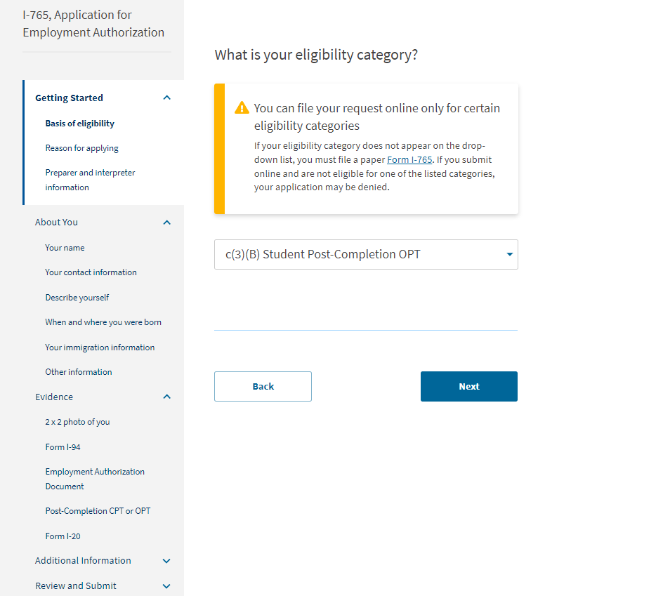 Fill out the "Getting Started," "About You," "Evidence" and "Additional Information Sections in order.